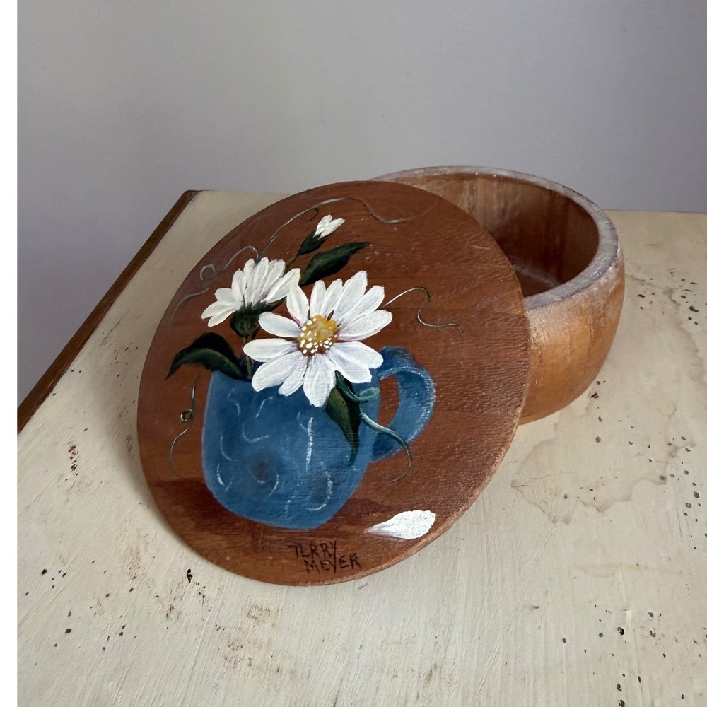 Terry Meyer Hand Painted Wood Trinket Box Daisy Floral Blue Pitcher Folk Art